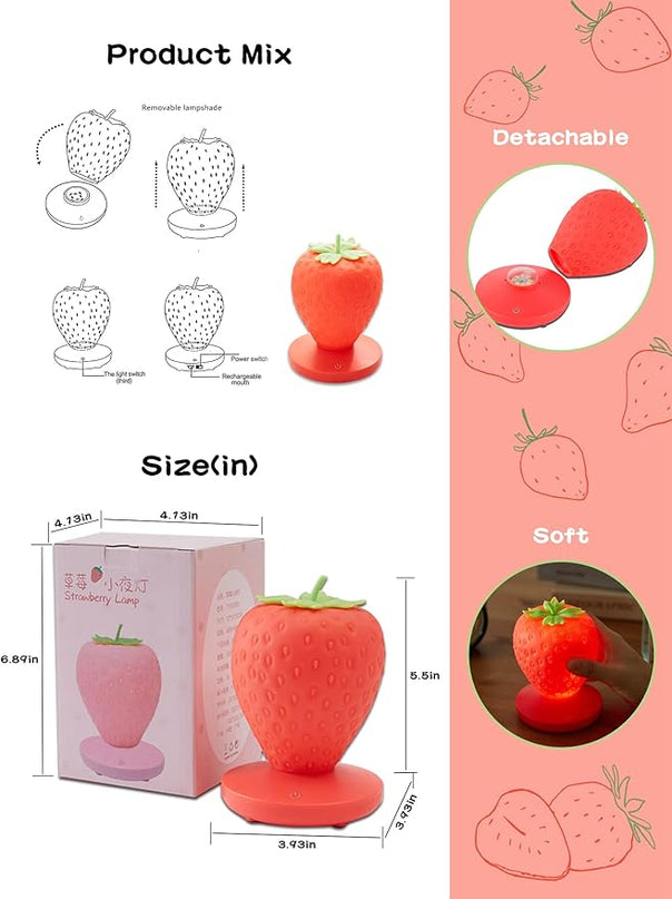 Strawberry Night Light, Cute Silicone Strawberry Lights Kawaii Room Decor, USB Rechargeable Bedside Lamp 3 Gear Touch Lighting, Cute Strawberry Gifts for Baby, Children, Toddlers, Teen Girls - LeafyLoom
