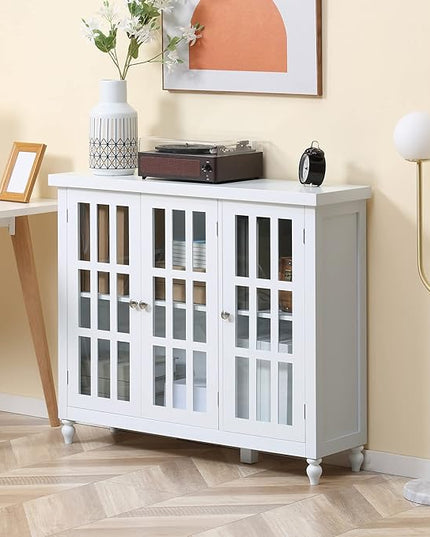 HOMCOM Sideboard, Buffet Cabinet with 3 Tempered Glass Doors, Stripe Pattern and Adjustable Storage Shelf, Credenza, White - LeafyLoom