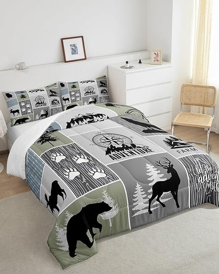 Rustic Farmhouse Cabin Kids Comforter Set Queen Size,Deer Bear Hunting Adventure Bedding Set for Boys Girls Adults Room Decor,Geometric Plaids Down Comforter,Gray Green Duvet Insert,2 Pillowcases - LeafyLoom