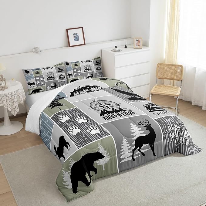 Rustic Farmhouse Cabin Kids Comforter Set Queen Size,Deer Bear Hunting Adventure Bedding Set for Boys Girls Adults Room Decor,Geometric Plaids Down Comforter,Gray Green Duvet Insert,2 Pillowcases - LeafyLoom