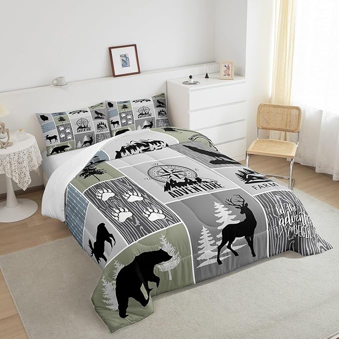 Rustic Farmhouse Cabin Kids Comforter Set Full Size,Deer Bear Hunting Adventure Bedding Set for Boys Girls Adults Room Decor,Geometric Plaids Down Comforter,Gray Green Duvet Insert,2 Pillowcases - LeafyLoom
