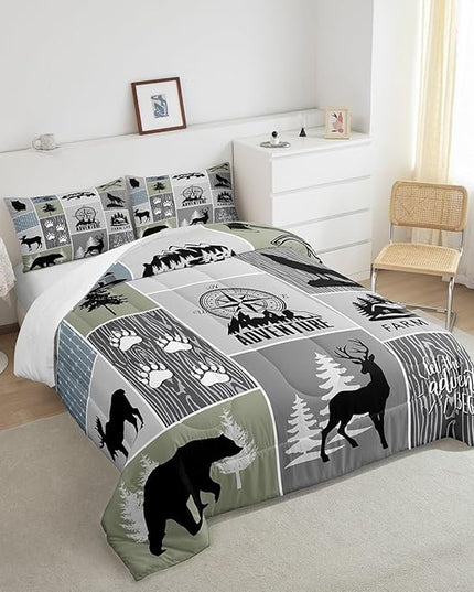 Rustic Farmhouse Cabin Kids Comforter Set Twin Size,Deer Bear Hunting Adventure Bedding Set for Boys Girls Adults Room Decor,Geometric Plaids Down Comforter,Gray Green Duvet Insert,1 Pillowcase - LeafyLoom