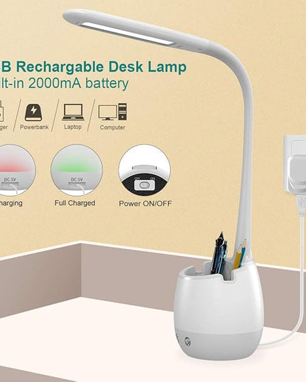 ERAY Kids Desk Lamp LED Study 2000mAh Rechargeable Desk Light with Pen Holder/ 8 Colors Night Light/ 3 Brightness Levels/Touch Control, Dimmable Table Lamp for Boys & Girls Eye-Caring Reading - LeafyLoom