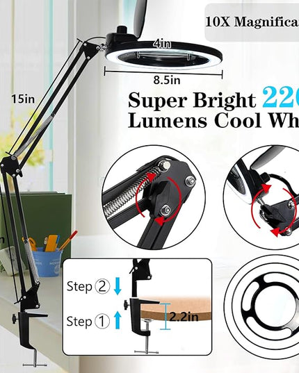 10X Magnifying Glass with Light, KIRKAS 2,200 Lumens LED Magnifying Lamp with Clamp, Stepless Dimmable Real Glass Lens Magnifier, Adjustable Arm Workbench Light for Close Work Hobby Repair - Black - LeafyLoom