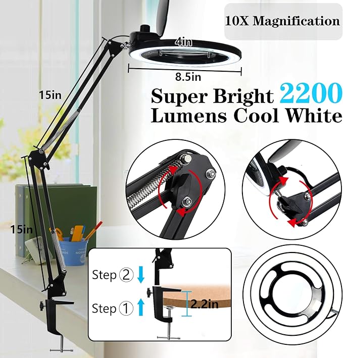 10X Magnifying Glass with Light, KIRKAS 2,200 Lumens LED Magnifying Lamp with Clamp, Stepless Dimmable Real Glass Lens Magnifier, Adjustable Arm Workbench Light for Close Work Hobby Repair - Black - LeafyLoom
