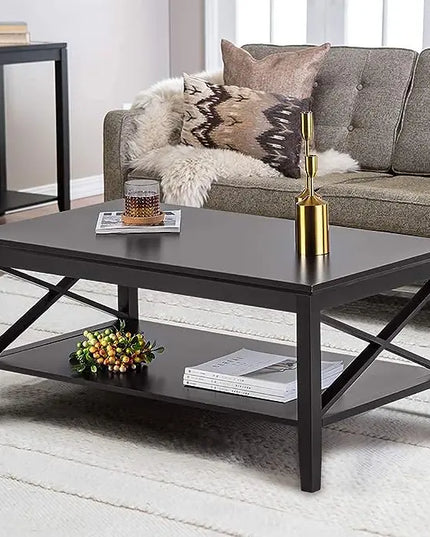 ChooChoo Oxford Coffee Table with Thicker Legs, Black Wood Coffee Table with Storage for Living Room - LeafyLoom