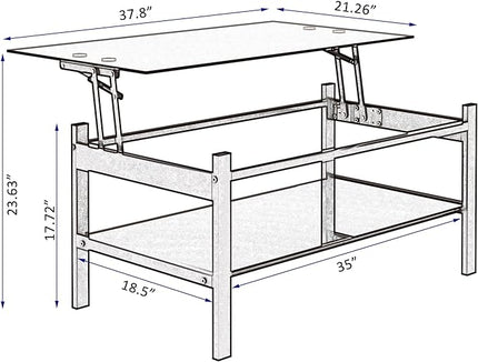 Glass Lift Top Coffee Table, 38 Inch Modern Simple 2-Layer Tempered Glass Coffee Table with Storage Shelf, Center Table/Tea Table for Living Room, Black - LeafyLoom