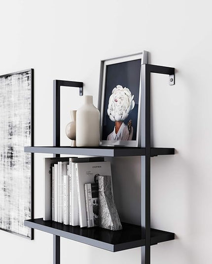 Nathan James Theo 5-Shelf Black Modern Bookcase, Open Wall Mount Ladder Bookshelf with Industrial Metal Frame - LeafyLoom