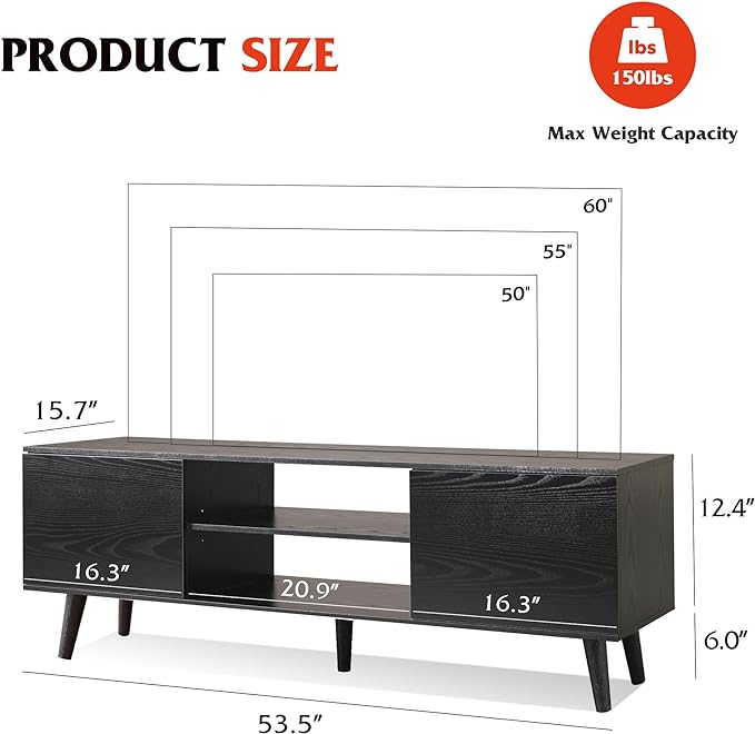 WLIVE TV Stand for 55 60 inch TV, Entertainment Center with Storage Cabinets, Rustic TV Console for Living Room Decor, Black - LeafyLoom