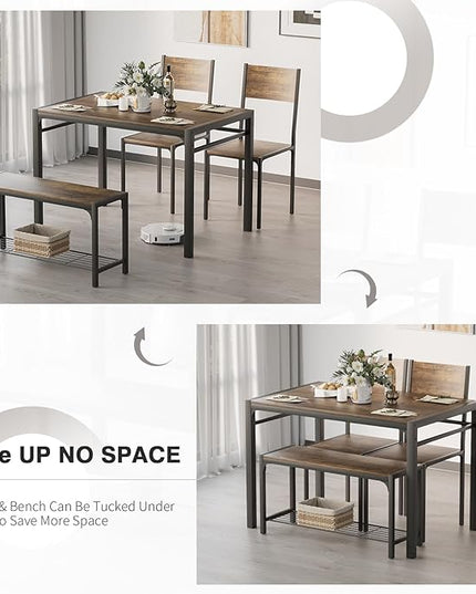 Kitchen Table and 2 Chairs for 4 with Bench, 4 Piece Dining Sets for Small Space, Rustic Brown - LeafyLoom