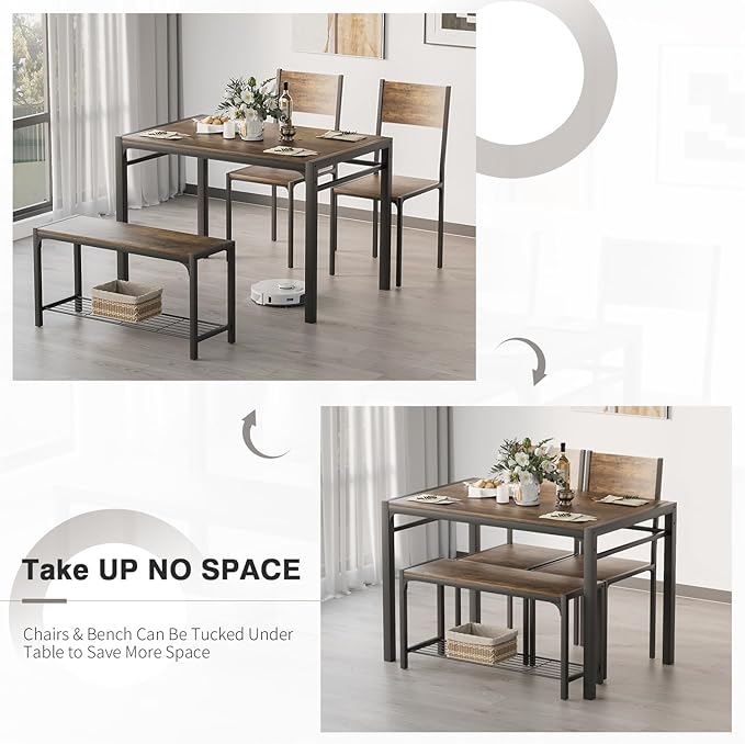Kitchen Table and 2 Chairs for 4 with Bench, 4 Piece Dining Sets for Small Space, Rustic Brown - LeafyLoom