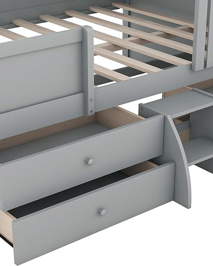 Full Size Low Loft Bed, Wooden House Shaped Loft Bed Frame with 4 Storage Drawers for Kids Teens Boys Girls, Easy Assembly, No Box Spring Needed, Gray - LeafyLoom
