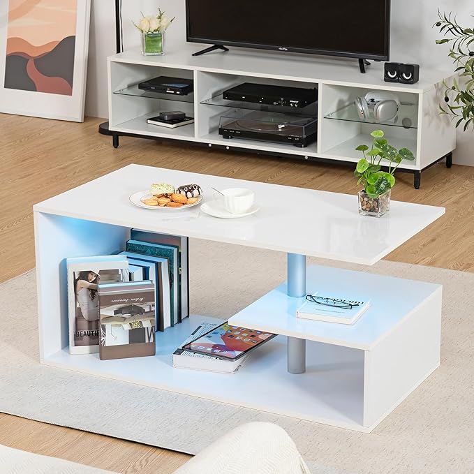 HOMMPA LED Coffee Tables for Living Room Modern Coffee Table with S-Shaped 3 Tiers Open Storage Shelf High Gloss White Center Sofa Tea Table with LED Lights for Home Office Furniture - LeafyLoom