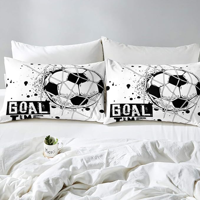 Erosebridal Kids Football Comforter Set Twin Size American Soccer Bedding Set Sports Games Duvet Sets for Boys Girls Children Teens Geometric Polygon Down Comforter for Bedroom, Black White - LeafyLoom