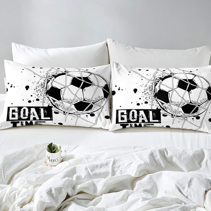 Erosebridal Kids Football Comforter Set Queen Size American Soccer Bedding Set Sports Games Duvet Sets for Boys Girls Children Teens Geometric Polygon Down Comforter for Bedroom, Black White - LeafyLoom