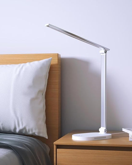 Clearance LED Desk Lamp with USB Charging Port, Birght Desk Light for Home Office, Computer, Work Desktop, Table Lamp with Night Light, Timer, 5 Modes Reading Lamp, Touch Dimmable, Adjustable, Sliver - LeafyLoom