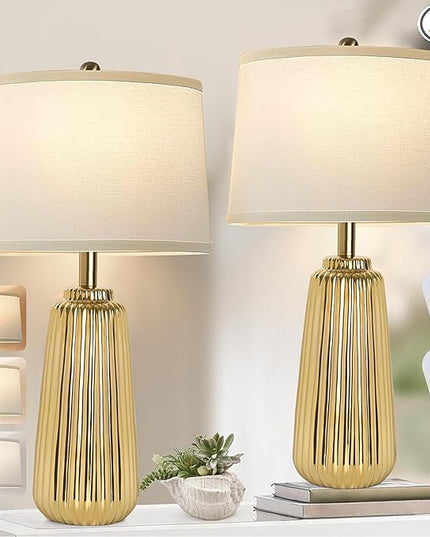 Ceramic Table Lamps Set of 2, 25Inch Modern Gold Table Lamps for Bedroom Living Room with 3 Color Temperature - 3000K/4000K/6000K, Coastal Lamps for Nightstand Bedside with 2 LED Bulbs, 9W - LeafyLoom