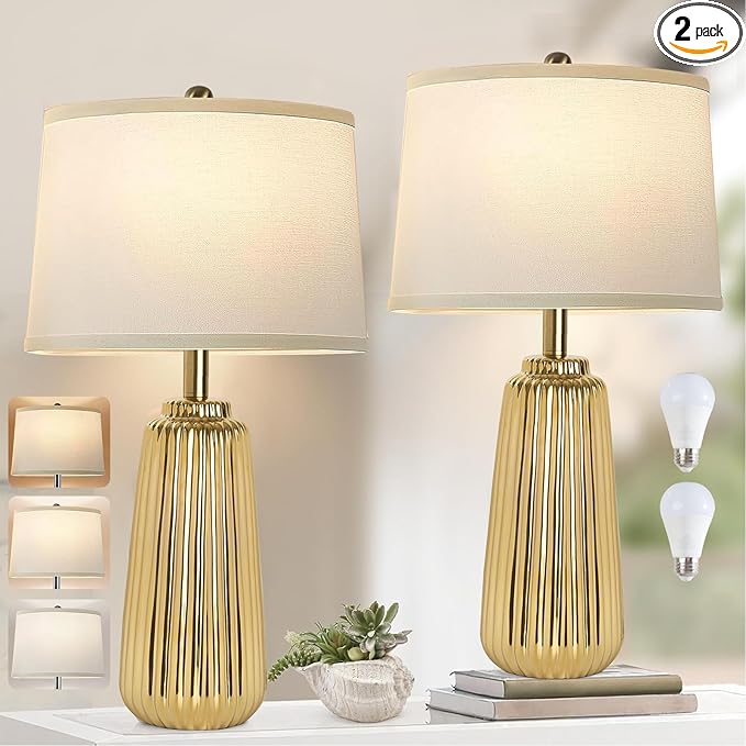 Ceramic Table Lamps Set of 2, 25Inch Modern Gold Table Lamps for Bedroom Living Room with 3 Color Temperature - 3000K/4000K/6000K, Coastal Lamps for Nightstand Bedside with 2 LED Bulbs, 9W - LeafyLoom