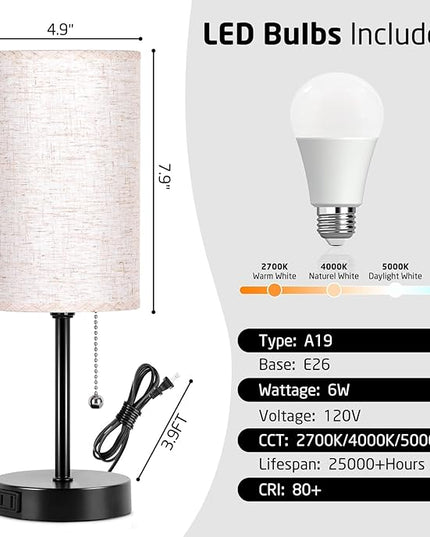 Small Table Lamp for Bedroom Set of 2 - Bedside Table lamps for Nightstand, 3 Color Temperatures Side Table Lamp with AC Outlet 2PK Black(2 Blubs Included). - LeafyLoom