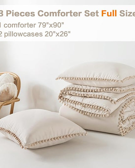 Litanika Comforter Full Size Set Beige,3 Pieces Beige Boho Pom Pom Lightweight Bed Comforter Full,All Season Soft Solid Color Bedding Comforter Sets (1 Comforter 79x90 Inch, 2 Pillowcases) - LeafyLoom
