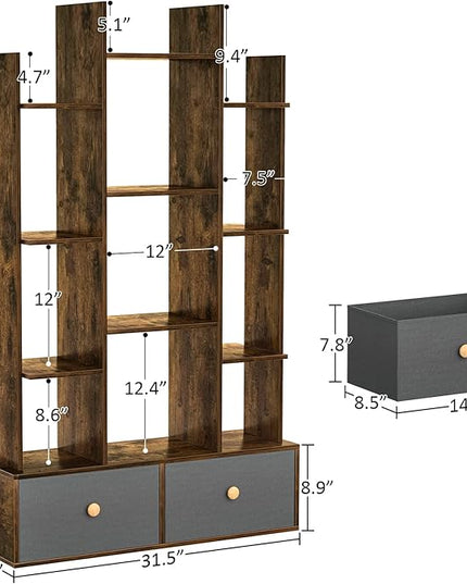 Unikito Bookshelf with 2 Drawers, Vintage Open Bookcase, Free Standing Book Shelf Organizer, Industrial Wood Bookshelves Storage Shelf, Book Case for Bedroom, Living Room, Home Office, Rustic Brown - LeafyLoom