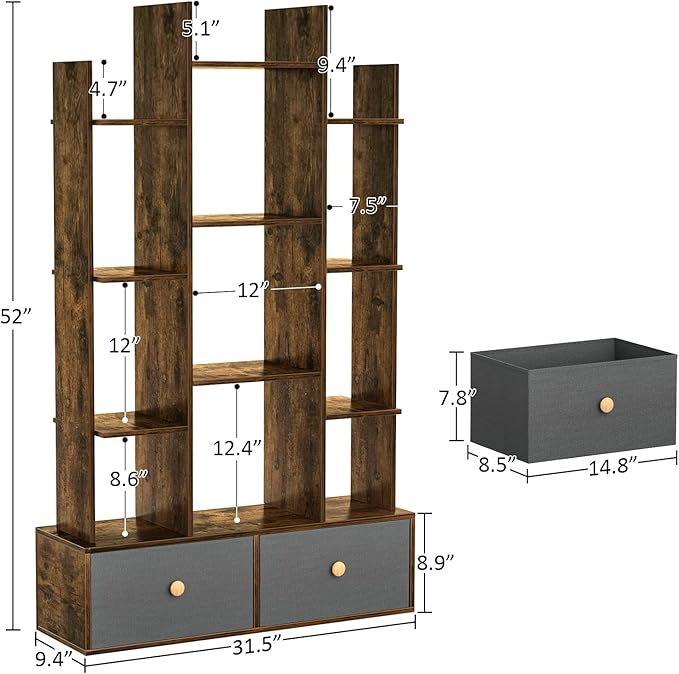 Unikito Bookshelf with 2 Drawers, Vintage Open Bookcase, Free Standing Book Shelf Organizer, Industrial Wood Bookshelves Storage Shelf, Book Case for Bedroom, Living Room, Home Office, Rustic Brown - LeafyLoom