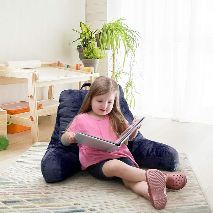 Clara Clark Reading Pillow for Kids, Small Back Pillow for Sitting Up in Bed, Memory Foam Back Support Pillow, Reading Pillows for Sitting in Bed, Navy Blue Gaming Pillow with Arms and Pockets - LeafyLoom