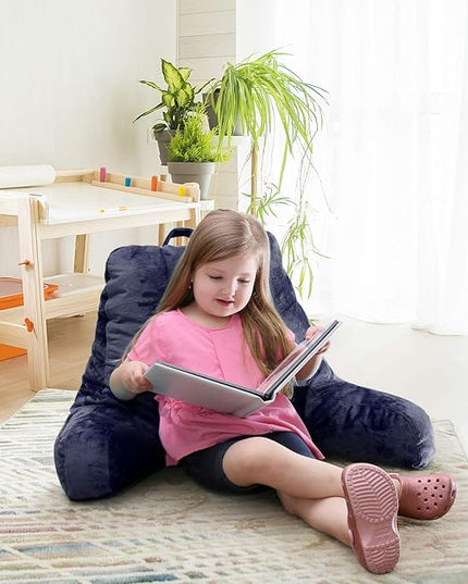 Nestl Reading Pillow with Portable Laptop Lap Desk, Velvet Feel Back Pillow for Sitting in Bed, Shredded Memory Foam Back Support Pillow for Bed, Bed Rest Pillow with Arms, Small - Navy - LeafyLoom