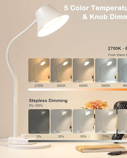 BOHON LED Desk Lamp for Home Office, Fully Dimmable Bedside Lamps with USB A and C Charging Port, 5 Colors Reading Lamp with Night Light, Auto Timer, Table Lamp for College Dorm Room White - LeafyLoom