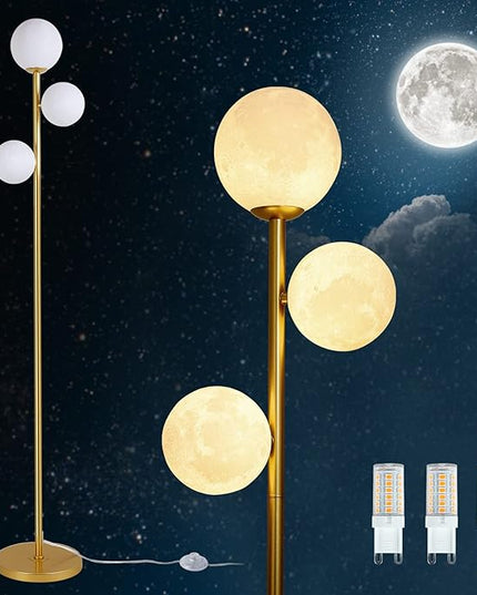 3 Globe Moon Floor Lamp for Living Room, Modern Gold Floor Lamp with 3D Printing Frosted Shade and LED Bulb, Mid Century Standing Lamp, 67" Metal Tall Pole Lamp for Bedroom Girls Room, Dresser, Office - LeafyLoom