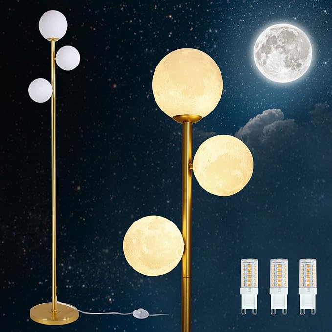 3 Globe Moon Floor Lamp for Living Room, Modern Gold Floor Lamp with 3D Printing Frosted Shade and LED Bulb, Mid Century Standing Lamp, 67" Metal Tall Pole Lamp for Bedroom Girls Room, Dresser, Office - LeafyLoom