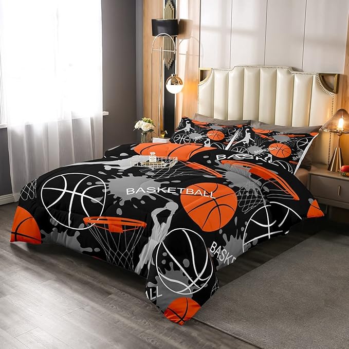Basketball Bedding Set Tie Dye Down Comforter Passionate Sports Games Comforter Set for Kids Boys Man Jumping Up Shooting Action Quilt Set with 1 Comforter and 2 Pillow Cases Full Size Orange Black - LeafyLoom