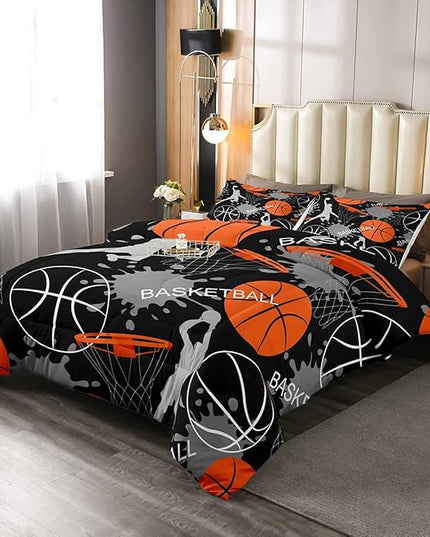 Basketball Bedding Set Tie Dye Down Comforter Passionate Sports Games Comforter Set for Kids Boys Man Jumping Up Shooting Action Quilt Set with 1 Comforter and 1 Pillow Case Twin Size Orange Black - LeafyLoom