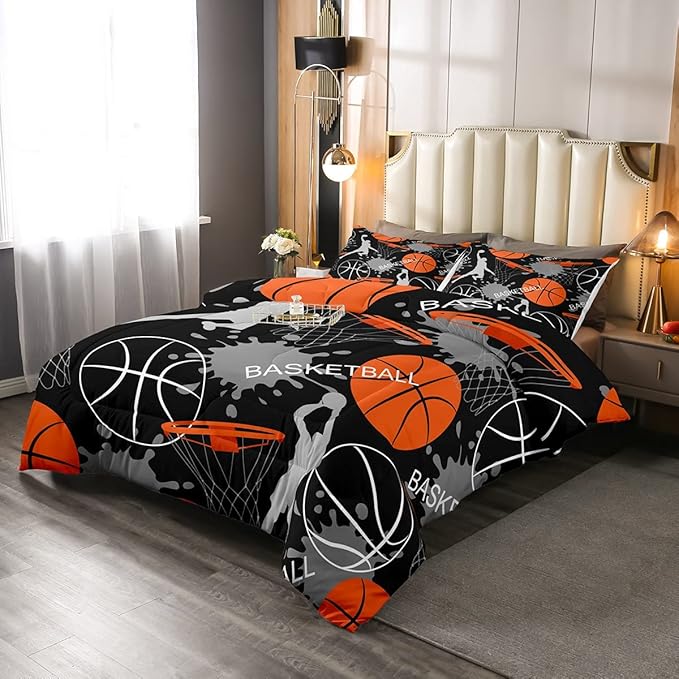 Basketball Bedding Set Tie Dye Down Comforter Passionate Sports Games Comforter Set for Kids Boys Man Jumping Up Shooting Action Quilt Set with 1 Comforter and 1 Pillow Case Twin Size Orange Black - LeafyLoom