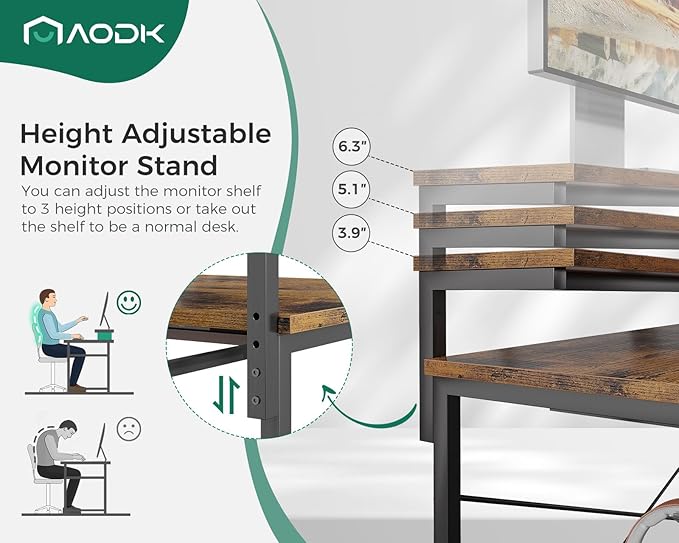 AODK Computer Desk with Keyboard Tray, 48 Inch Office Desk with Power Outlet, Work Desk with Drawer, Reversible Desk with Adjustable Monitor Shelf and Storage Shelf for Home, Rustic Brown - LeafyLoom