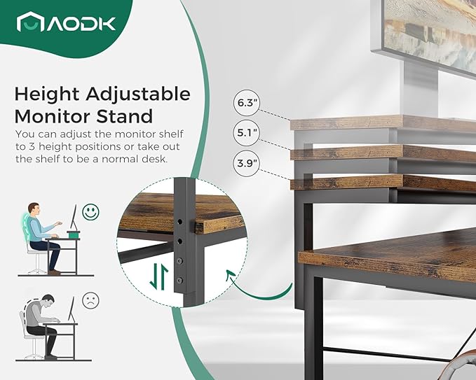 AODK Computer Desk with Keyboard Tray, 55 Inch Office Desk with Power Outlet, Work Desk with Drawer, Reversible Desk with Adjustable Monitor Shelf and Storage Shelf for Home, Rustic Brown - LeafyLoom