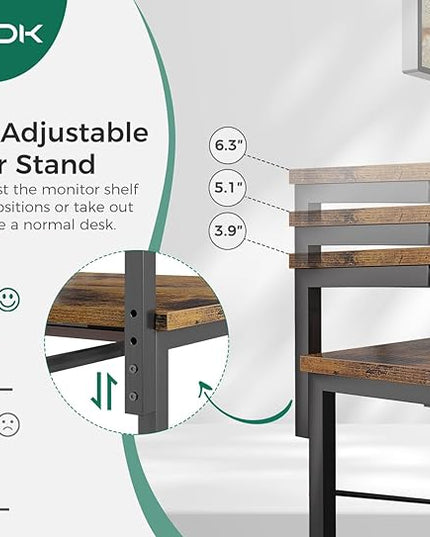 AODK Small Computer Desk with Keyboard Tray, 40 Inch Office Desk with Power Outlet, Work Desk with Drawer, Reversible Desk with Adjustable Monitor Shelf and Storage Shelf for Home, Rustic Brown - LeafyLoom