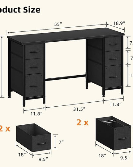55'' Office Desk with 6 Fabric File Drawers - File Drawer Organization, Computer Work Desk, Study Writing Table, Home Office Workstation, Black. - LeafyLoom