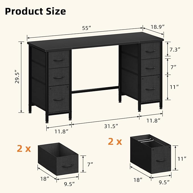 55'' Office Desk with 6 Fabric File Drawers - File Drawer Organization, Computer Work Desk, Study Writing Table, Home Office Workstation, Black. - LeafyLoom