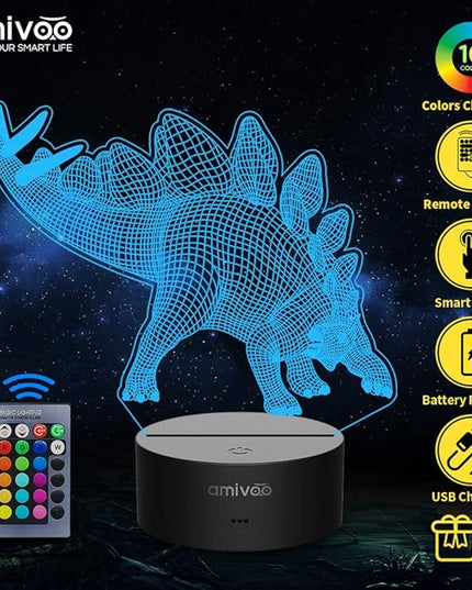 Dinosaur 3D Night Light for Kids 16 Colors Changing 3D Optical Illusion Lamp with Smart Touch & Remote Control, Best Gift for Girls Boys Kids (Stegosaurus) - LeafyLoom