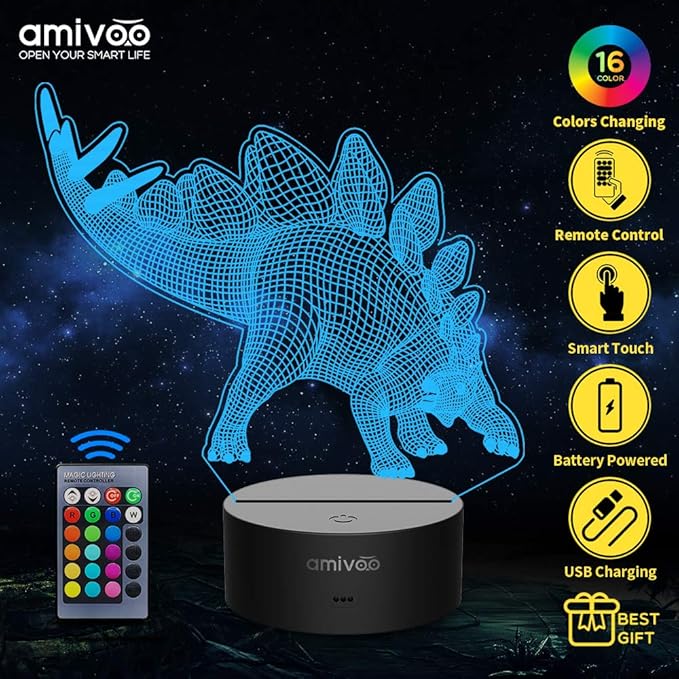 Dinosaur 3D Night Light for Kids 16 Colors Changing 3D Optical Illusion Lamp with Smart Touch & Remote Control, Best Gift for Girls Boys Kids (Stegosaurus) - LeafyLoom