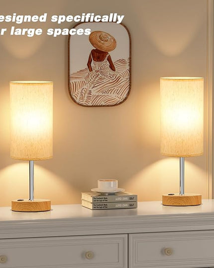Touch Table Lamp - Cream, 3-Way Dimmable, USB A + C Charging, AC Outlet, 17.4inch Medium, Wood Grain Base - LeafyLoom