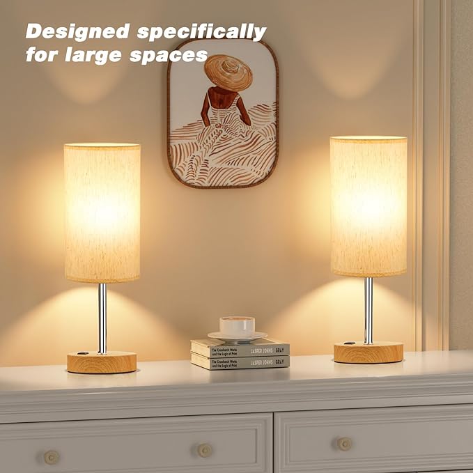 Touch Table Lamp - Cream, 3-Way Dimmable, USB A + C Charging, AC Outlet, 17.4inch Medium, Wood Grain Base - LeafyLoom
