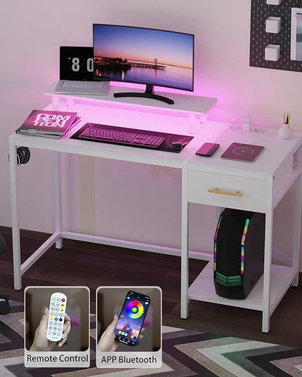 Small Computer Desk with Drawers, 40 inch Gaming Desk with Led Lights and Power Outlets,Reversible Home Office Desk with Storage, White - LeafyLoom