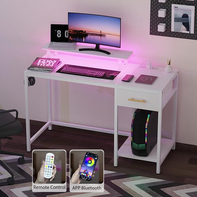 Small Computer Desk with Drawers, 40 inch Gaming Desk with Led Lights and Power Outlets,Reversible Home Office Desk with Storage, White - LeafyLoom