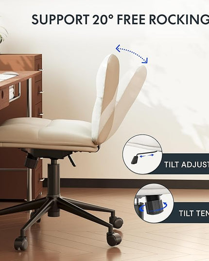 FLEXISPOT Cross Legged Office Chair Armless Desk Chair Comfy Wide Seat Criss Cross Chair with Wheels Vanity Chair for Living Room Bedroom Study Room(White Light Beige) - LeafyLoom