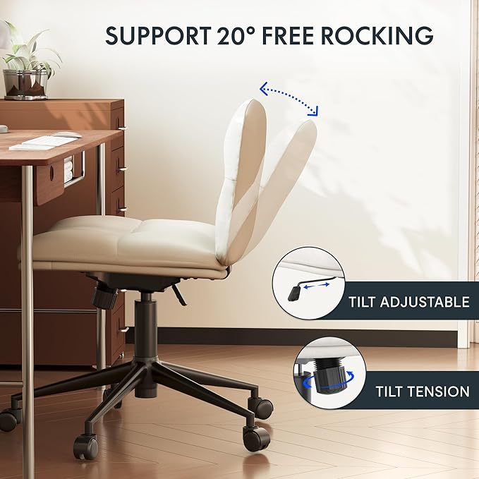 FLEXISPOT Cross Legged Office Chair Armless Desk Chair Comfy Wide Seat Criss Cross Chair with Wheels Vanity Chair for Living Room Bedroom Study Room(White Light Beige) - LeafyLoom