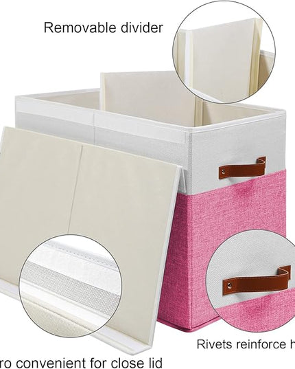 Large Toy Storage Box with Lid, Sturdy Toys Storage Chest Bin Organizer Basket with Dividers for Kids, Boys, Girls, Nursery, Closet, Bedroom, Playroom 25"x13" x16" (Pink and White) - LeafyLoom