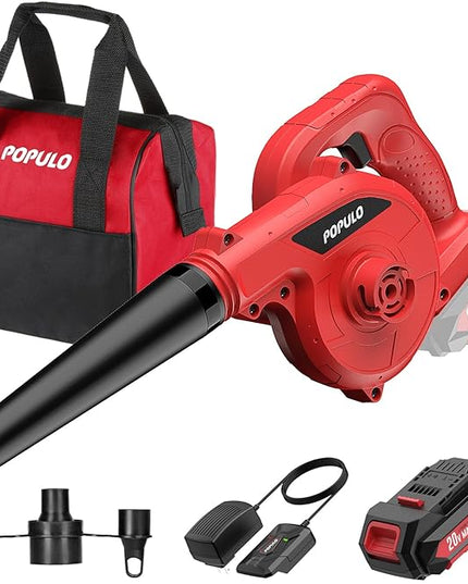 POPULO 20V Cordless Mini Electric Blower Kit,150mph Wind Speed for Cleaning Workshop,Garage,Inflating Air Mattress,Leaf Blower for Small Patio Areas, Included Battery,Inflating Adaptors and Charger - LeafyLoom