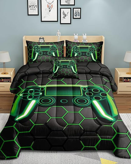 Kids Gaming Bedding Sets, 6 Piece Gamer Comforter Sets for Teens Boys Full Size for Bedroom Comforter Set Adult 3D Gamepad Microfiber Bedding Sets Fits All Season Full Size Comforter Sets - LeafyLoom